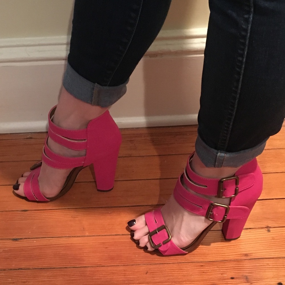 Hot pink high heeled sandals