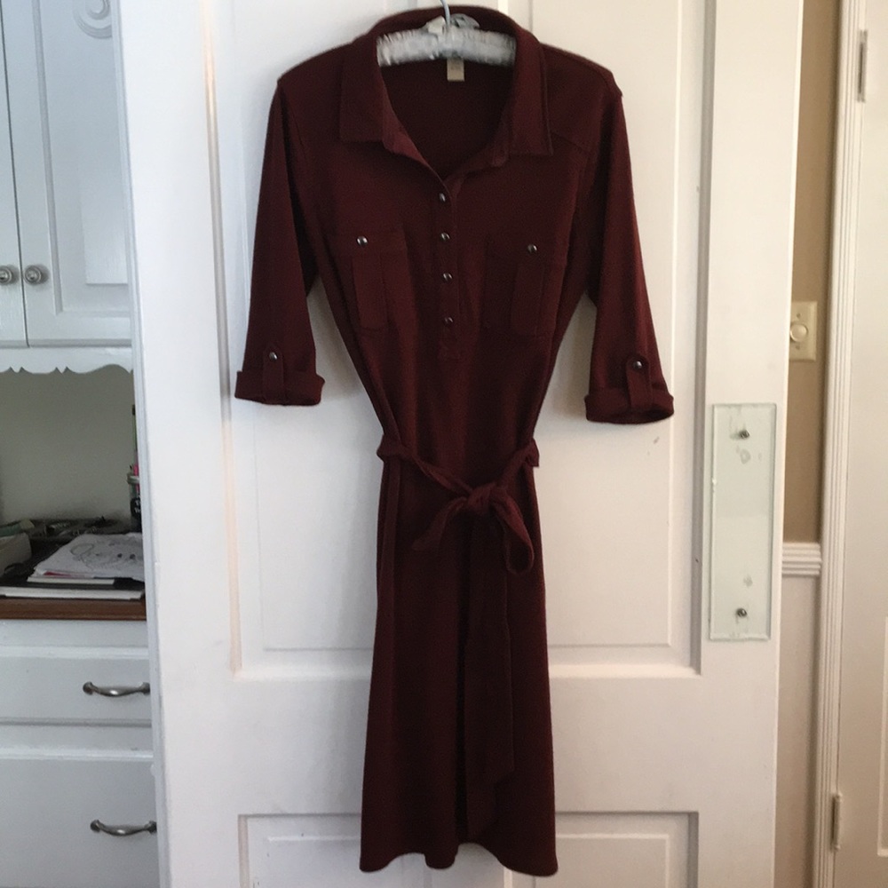Banana Republic Belted Knit Shirt Dress in Merlot