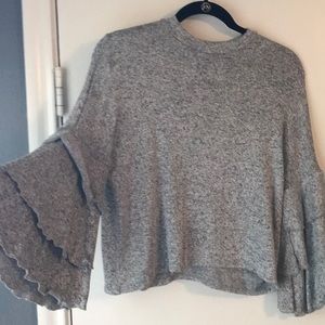 Grey, ruffle bell sleeved, cropped sweater.