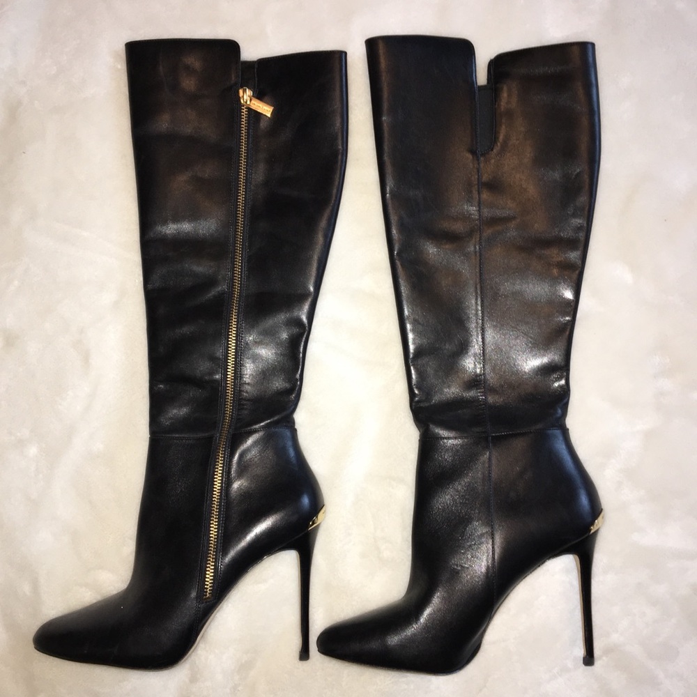 knee high black leather michael kors boot heels