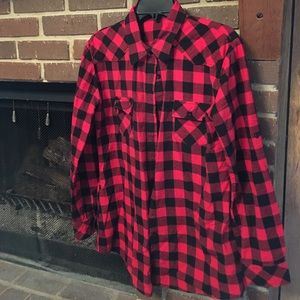 Long buffalo check flannel button front shirt
