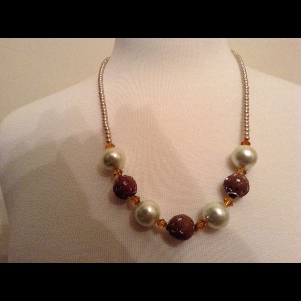 Gold, Cream & Brown handmade necklace. HANDMADE.