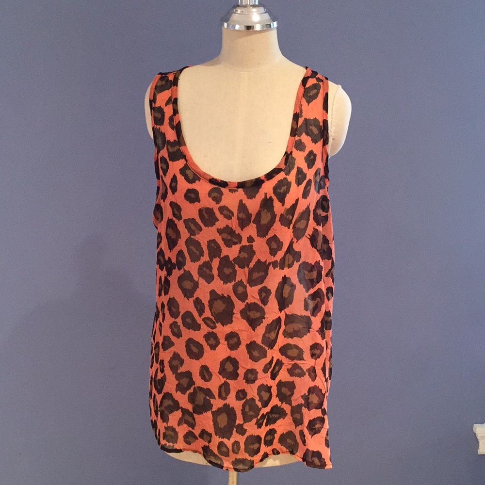 Coral Leopard Print Semi-Sheer Tank Blouse Size L