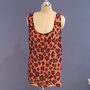 Coral Leopard Print Semi-Sheer Tank Blouse Size L