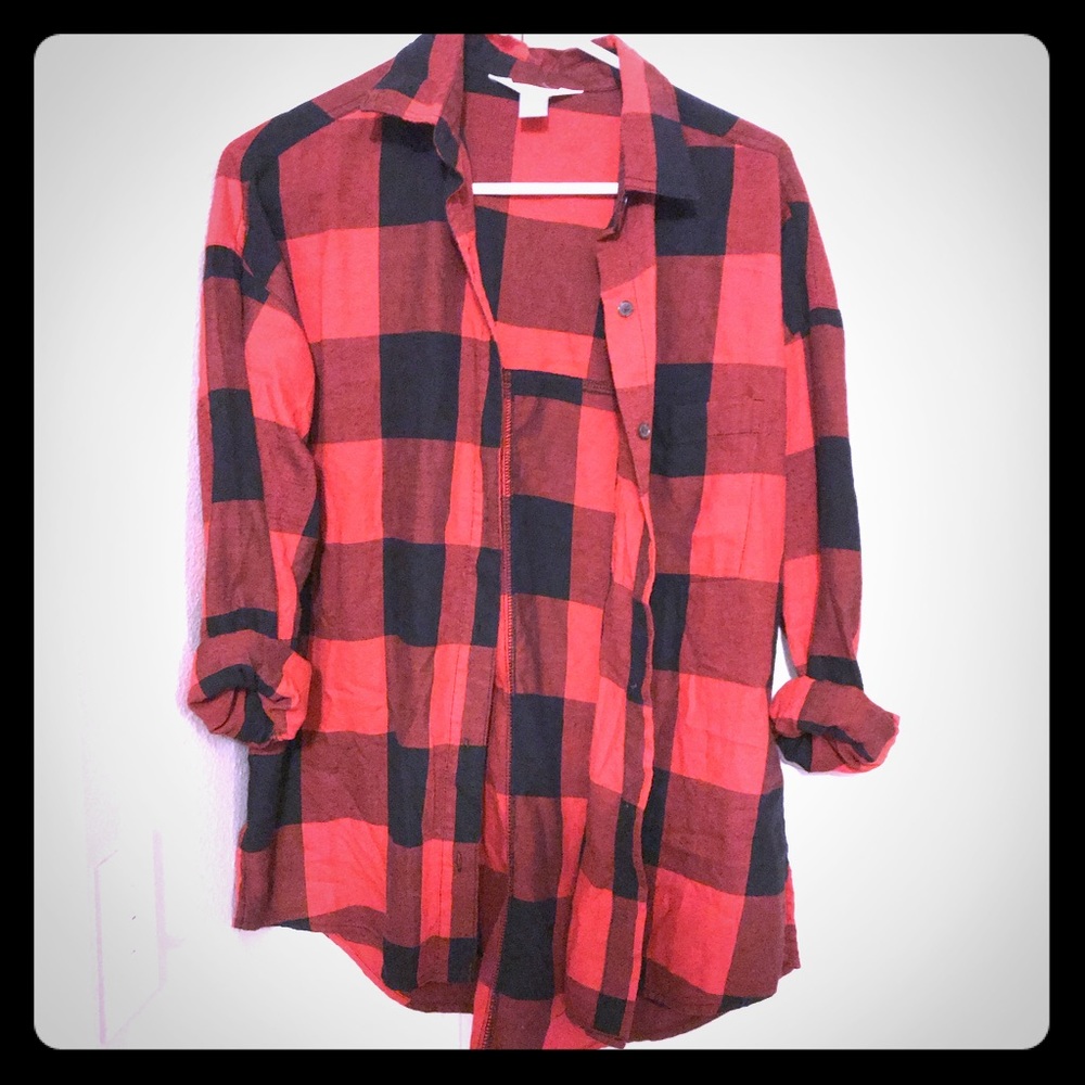 Red plaid flannel shirt.
