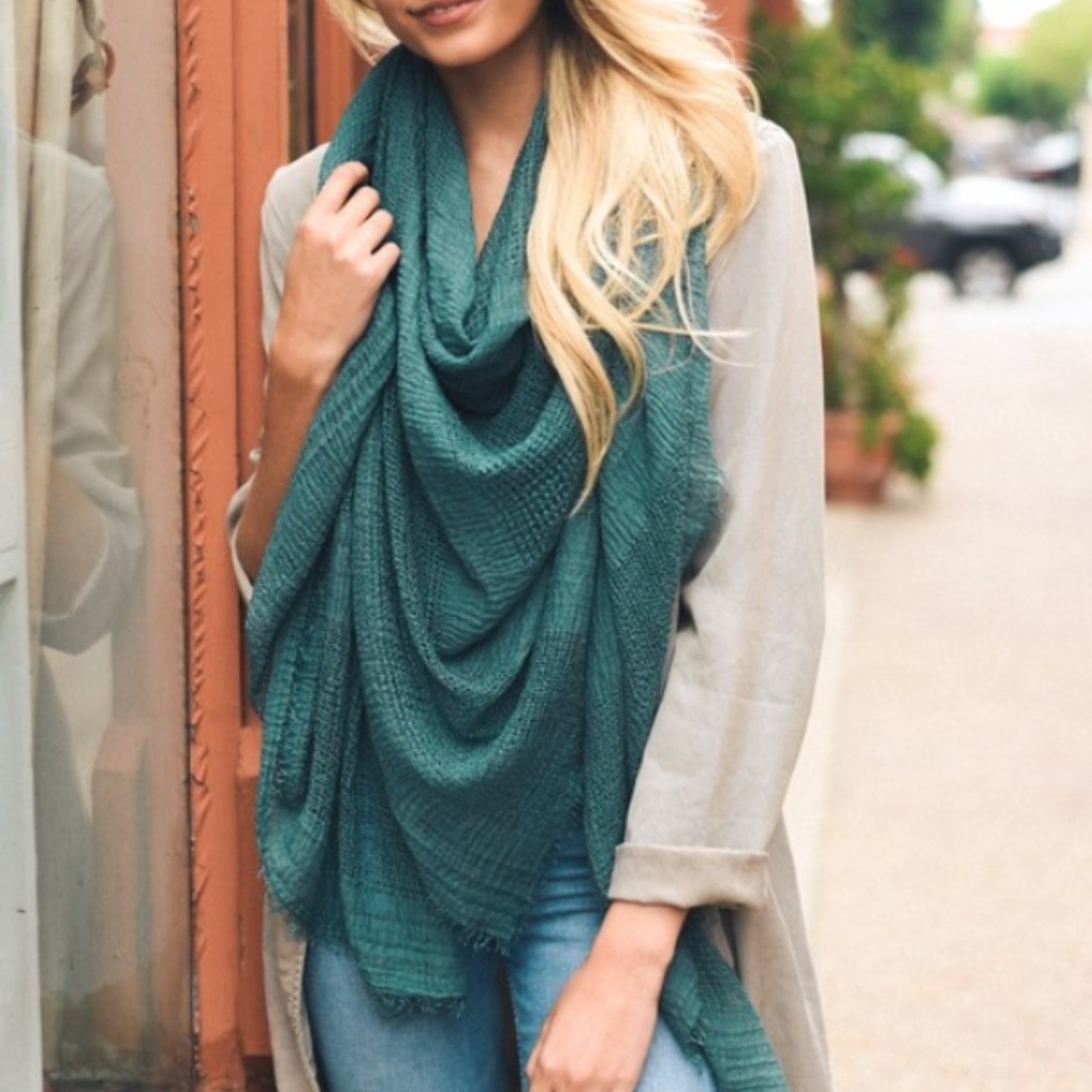 Talia Teal Shredded Open Weave Blanket Scarf