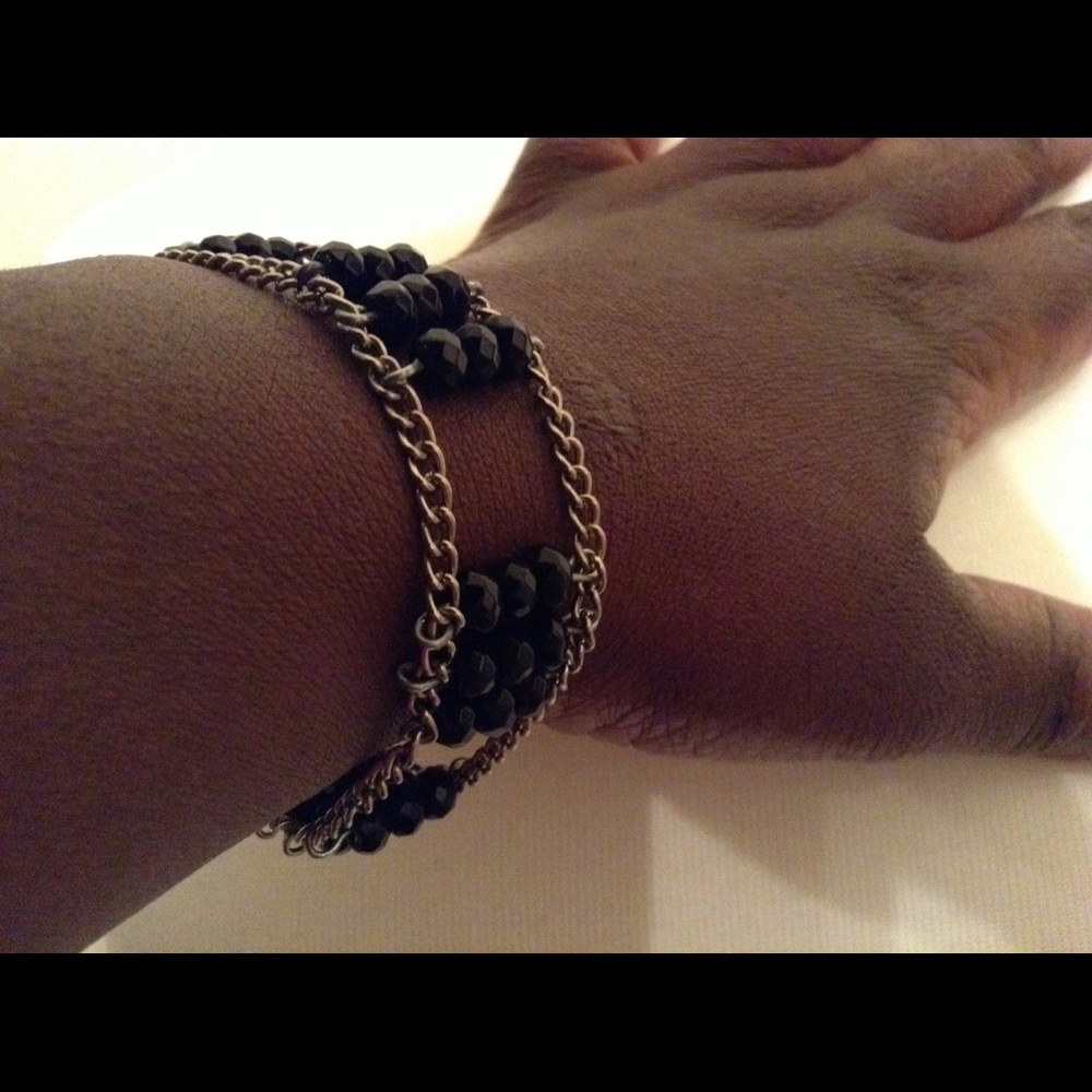 Black Beaded & Silver chained Bracelet (handmade)