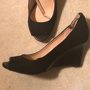 Black Peep Toe Suede Wedges Heel is 2 1/2 inches