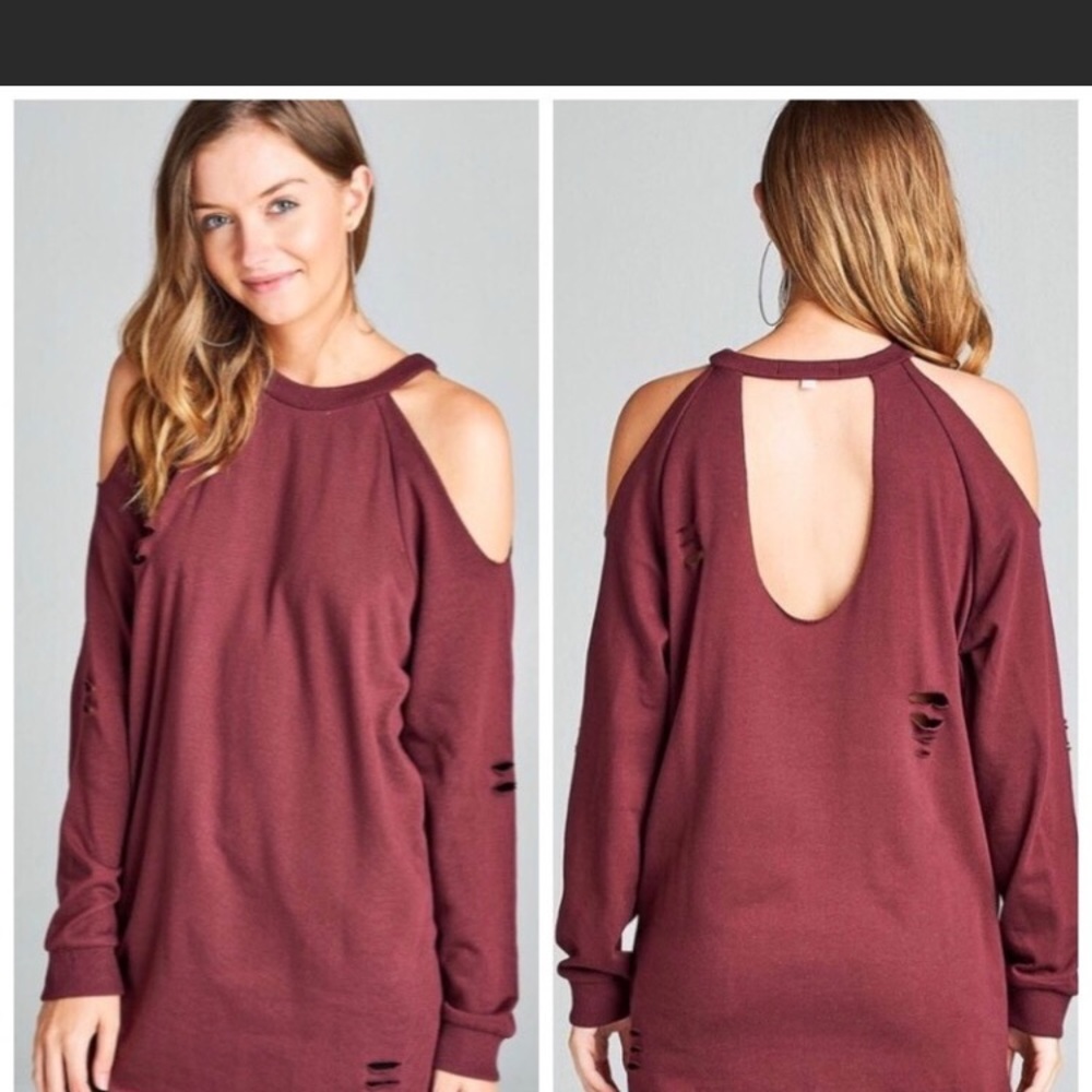 Burgundy Red Cold Shoulder Distressed Tunic Top