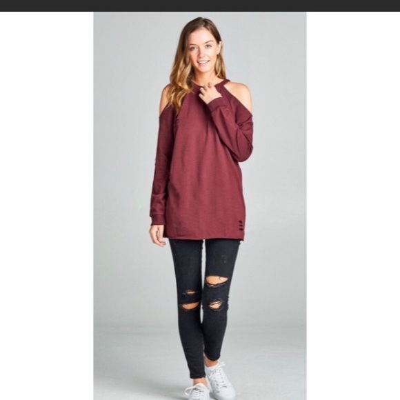 Burgundy Red Cold Shoulder Distressed Tunic Top - Picture 2 of 2