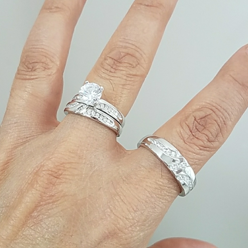 3pc set Bride& Groom Wedding Band &Engagement Ring - Picture 2 of 8