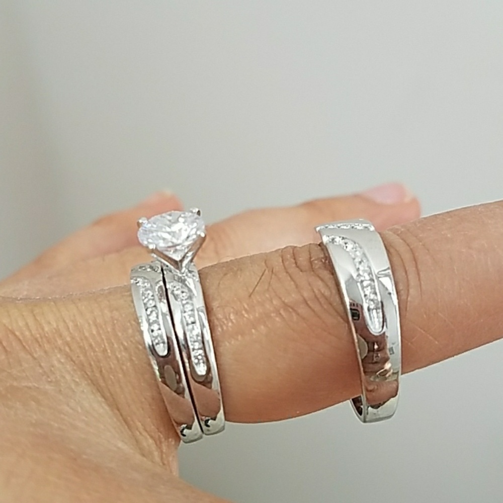 3pc set Bride& Groom Wedding Band &Engagement Ring - Picture 3 of 8