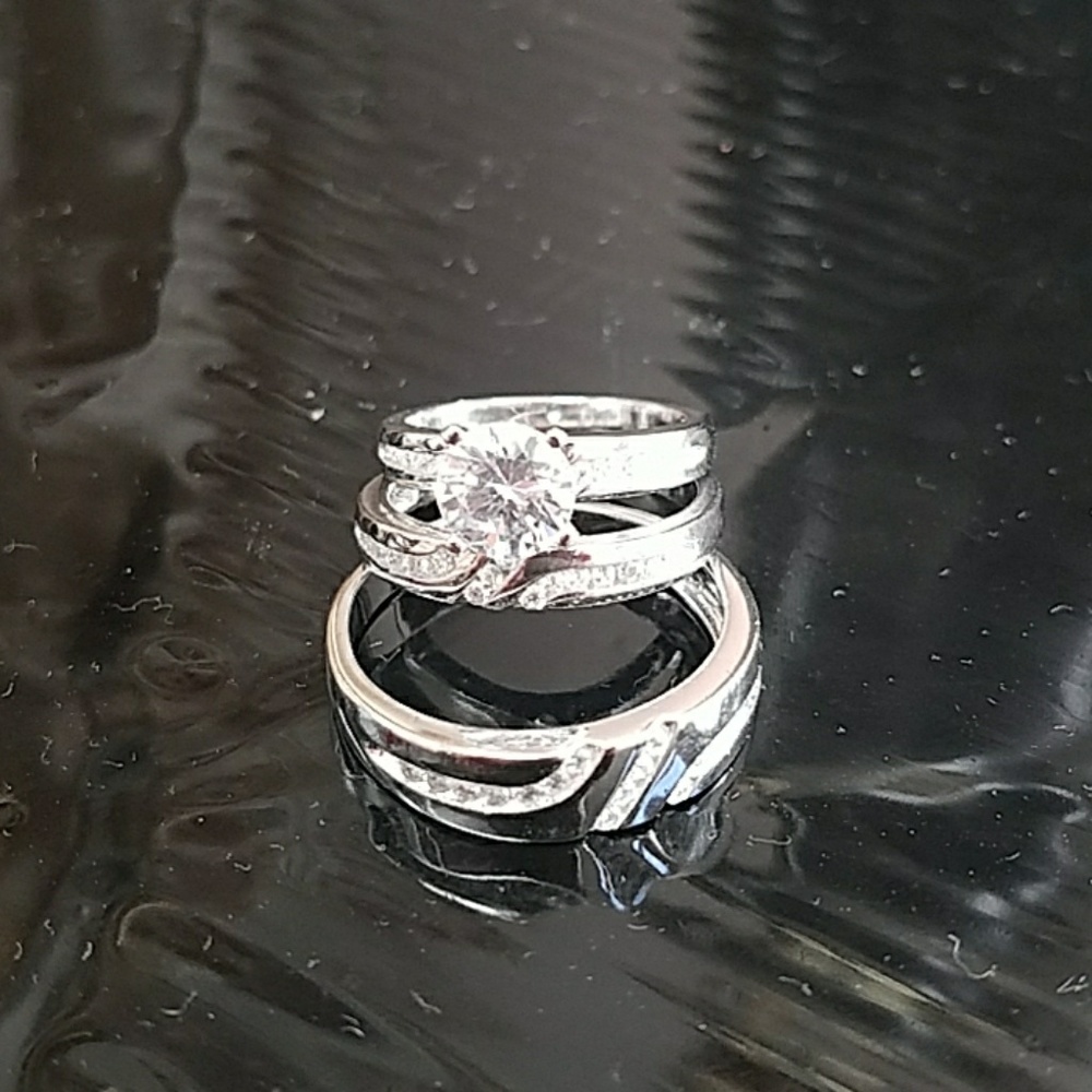 3pc set Bride& Groom Wedding Band &Engagement Ring - Picture 4 of 8