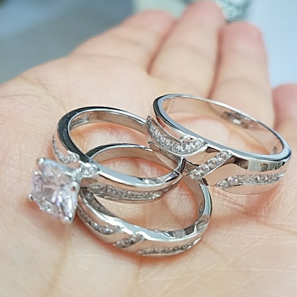 3pc set Bride& Groom Wedding Band &Engagement Ring - Picture 8 of 8