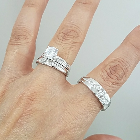 3pc set Bride& Groom Wedding Band &Engagement Ring - Picture 2 of 8