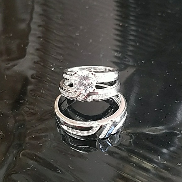 3pc set Bride& Groom Wedding Band &Engagement Ring - Picture 4 of 8