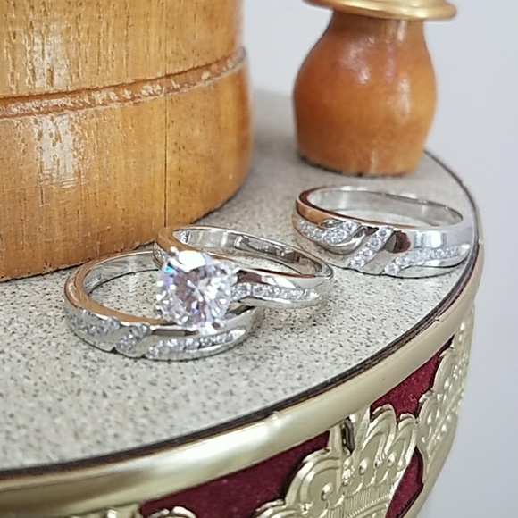 3pc set Bride& Groom Wedding Band &Engagement Ring - Picture 6 of 8