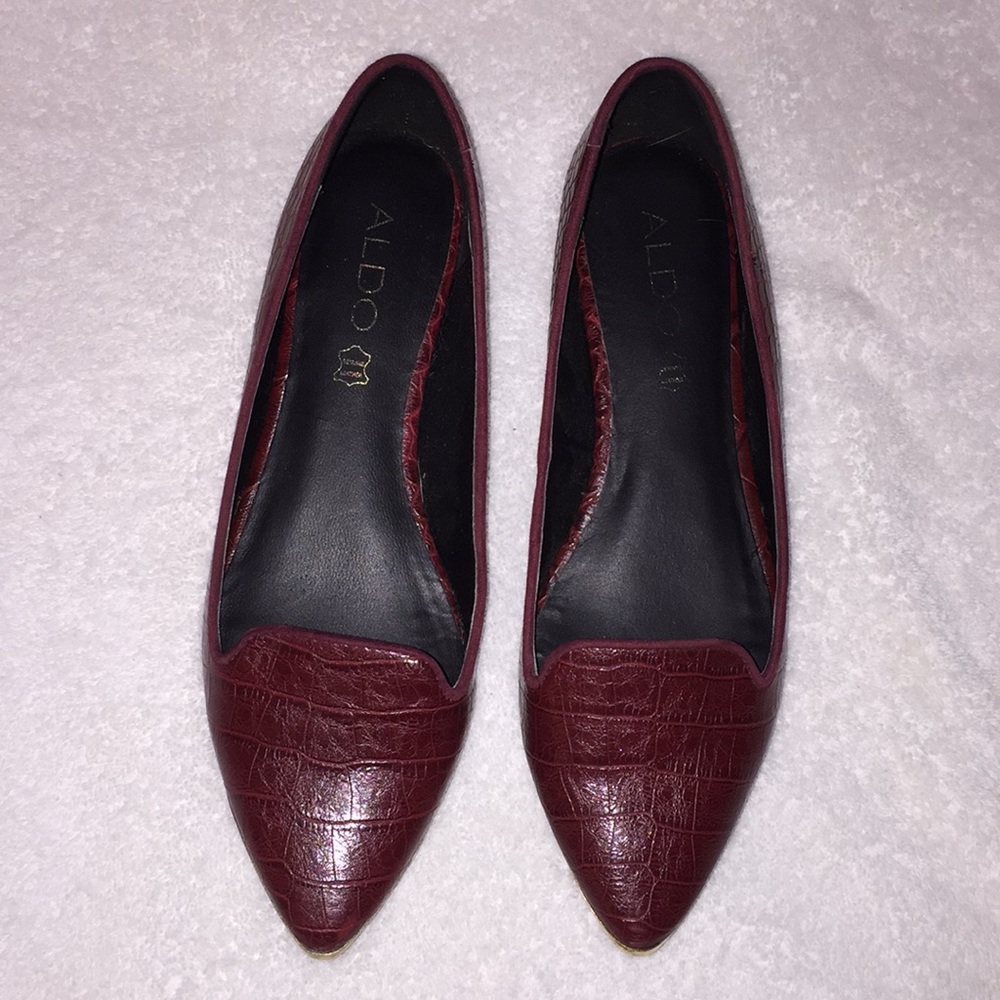 Aldo Deep Red Leather Flats with Gold Toe