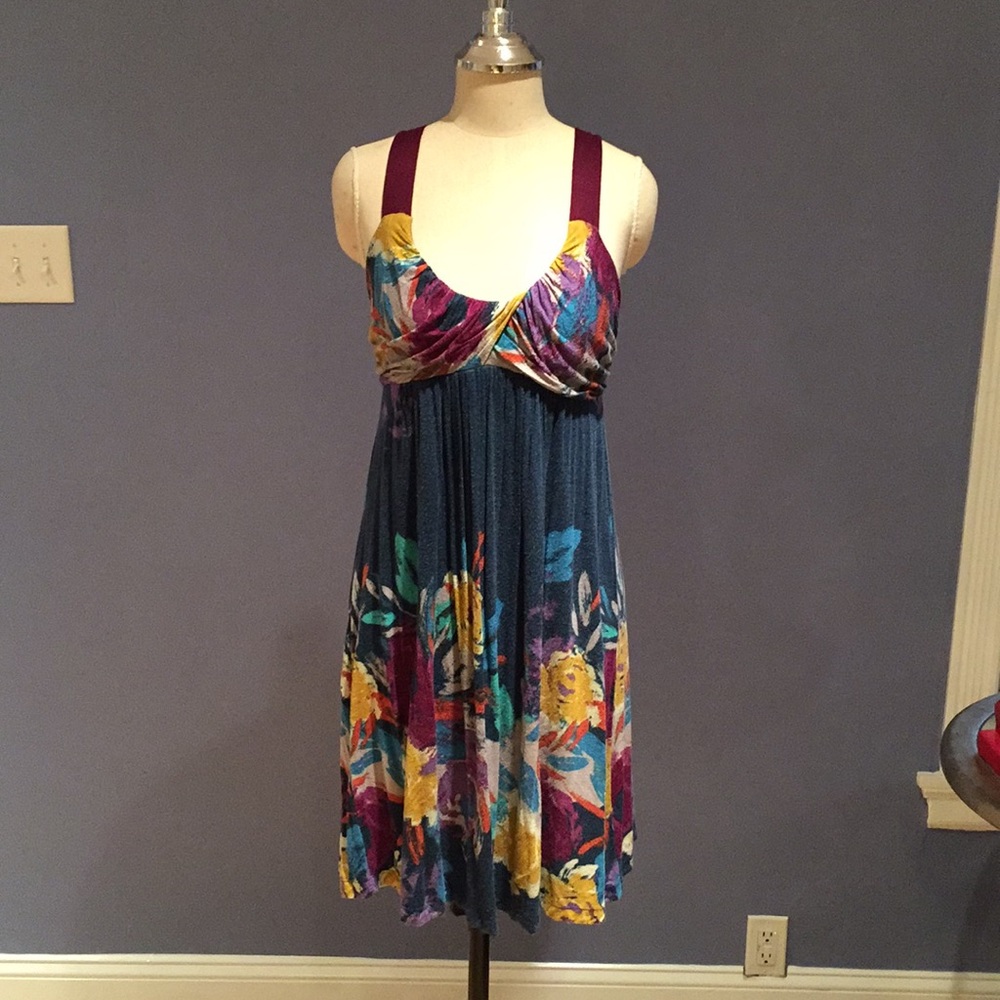 Forever 21 Boho Floral Abstract Print Blue Sun Dress Size M