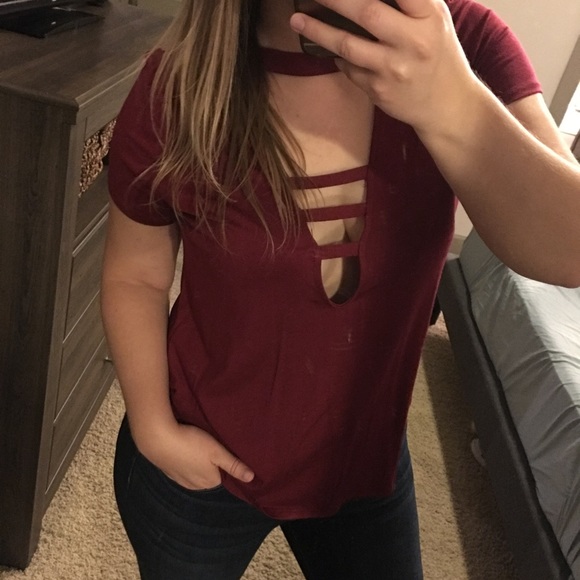 Deep V Neck T Shirt Red Low Cut T Shirt - Picture 3 of 5