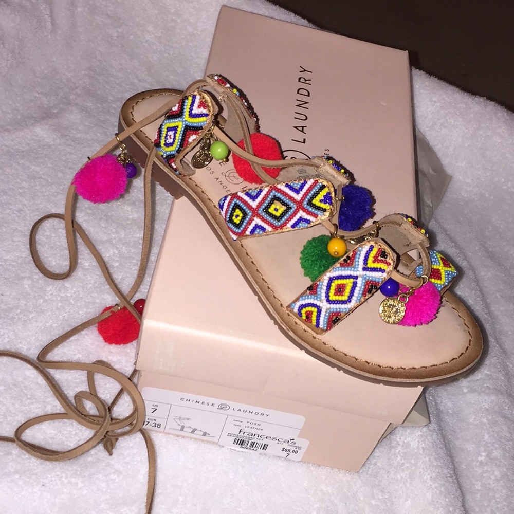 Chinese Laundry Lace Up Sandals w. Charms & Poms