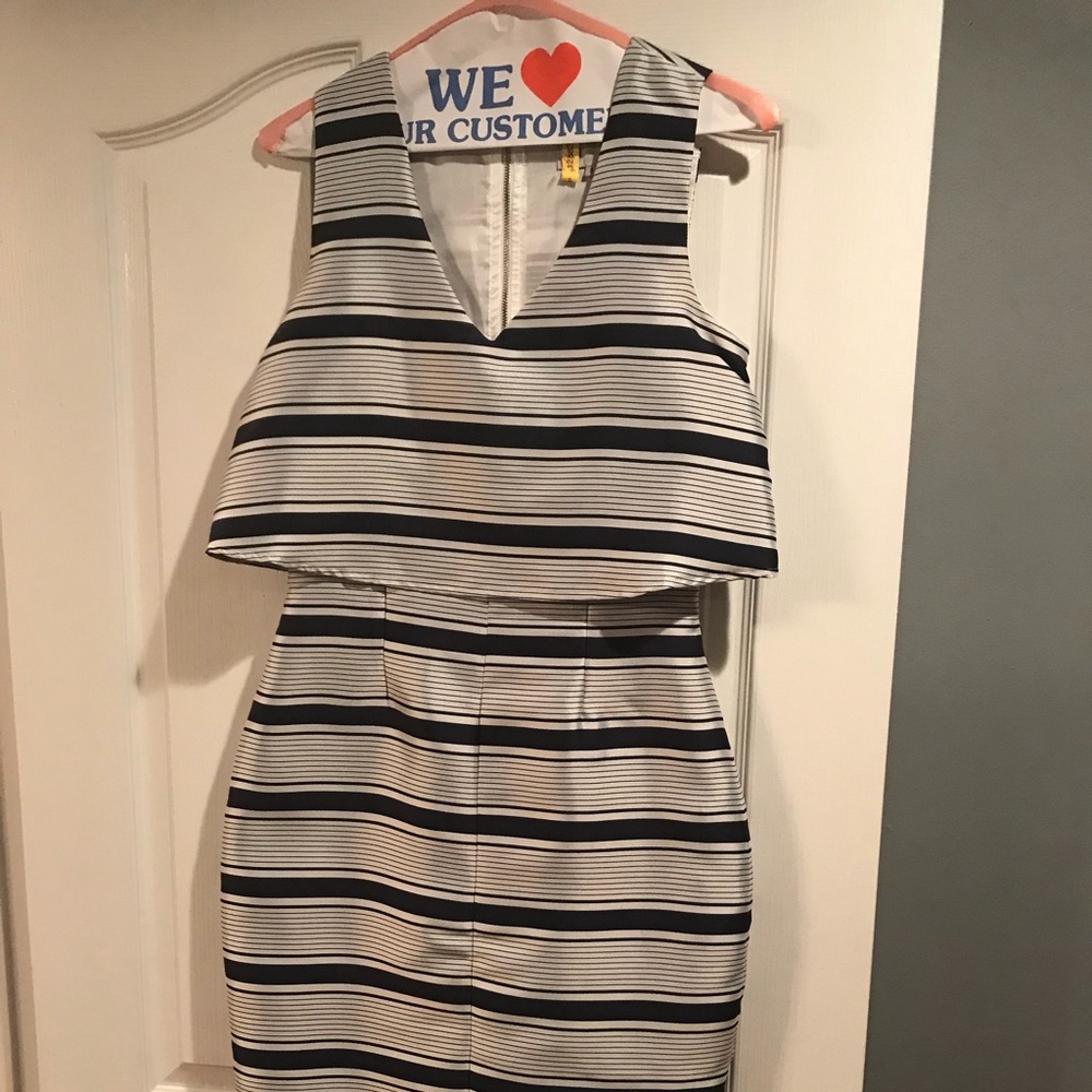 Navy/white striped pencil midi dress.