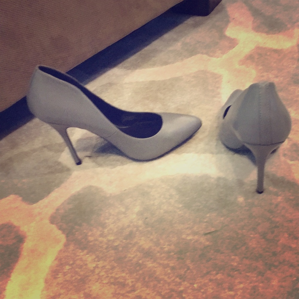 Grey/silver pumps.  Worn once