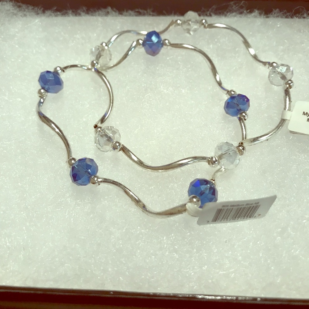 White/Blue Beaded Silver Bracelet