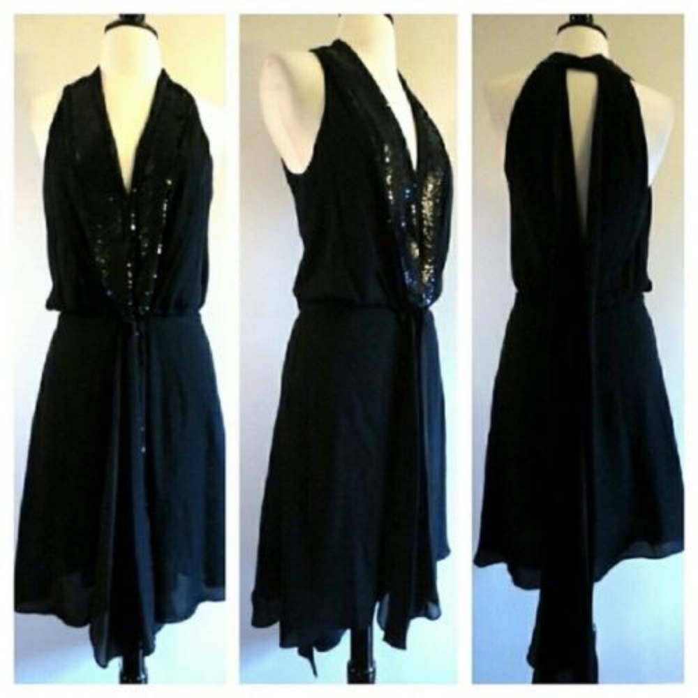 Max Azria Black Sequin Open Back Silk Dress