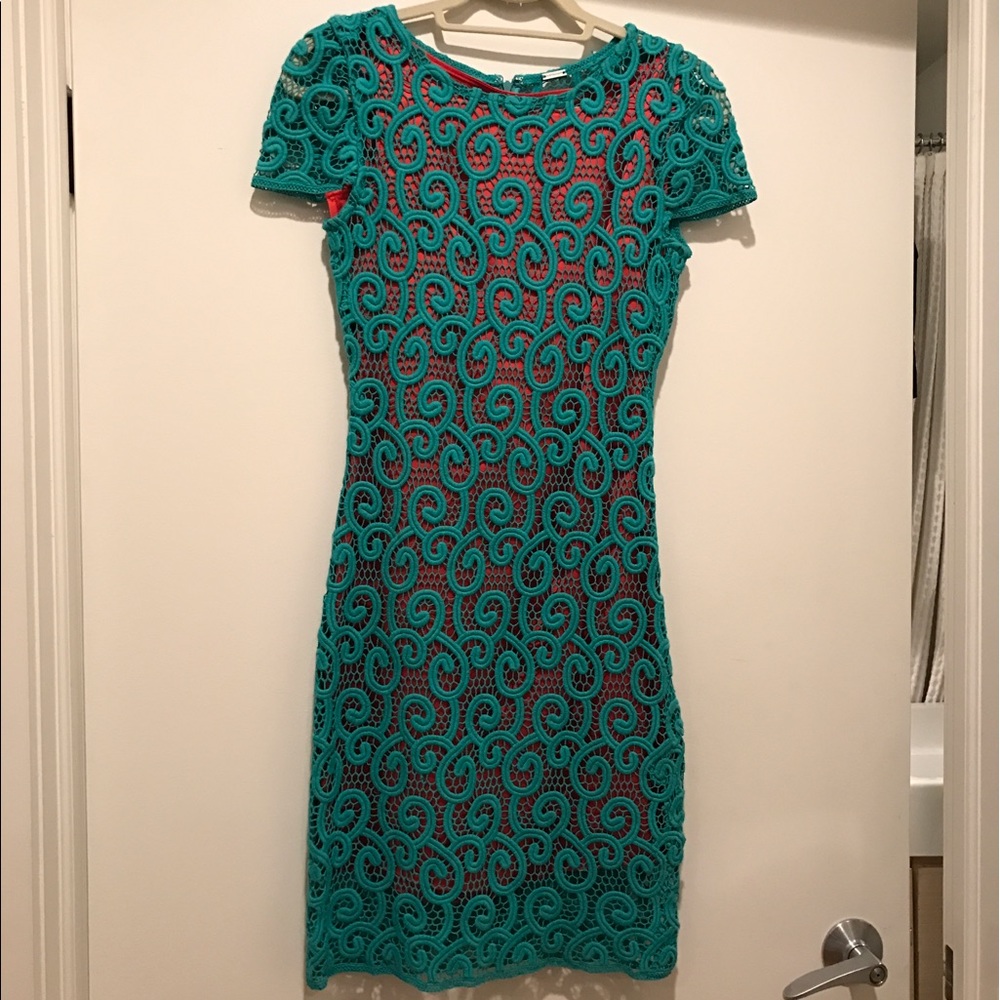 Elie Tahari Teal lace dress with red underlay