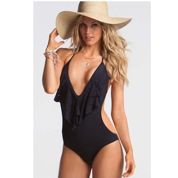‘Ava’ Black laser cut one piece ruffle swimsuit - Picture 2 of 6