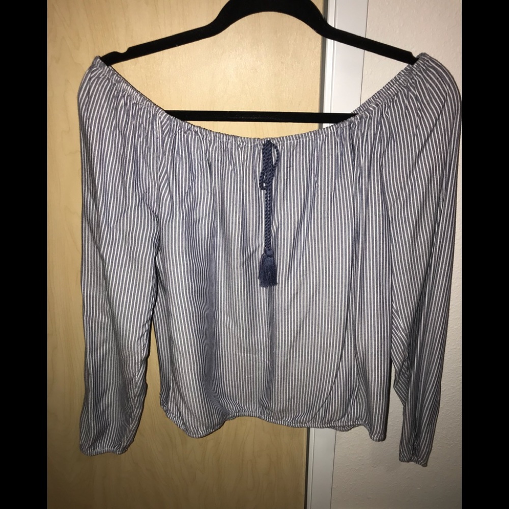 Blue and white striped off the shoulder shirt