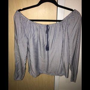 Blue and white striped off the shoulder shirt