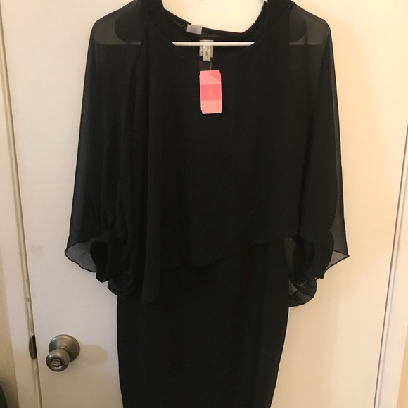 NEW!! Black bodycon dress with sheer cape - Picture 1 of 1