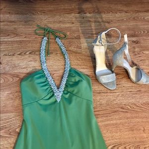 Betsy and Adam olive green floor length dress