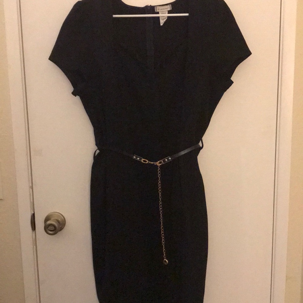 Belted black cocktail dress with sweetheart neck