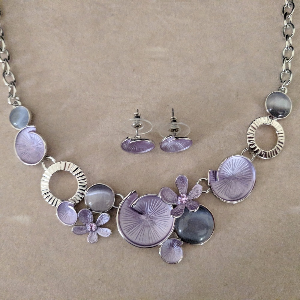 NWOT Metal & Purple Enamel Necklace & Earring Set