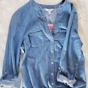**SALE**Candie's Lace Back Tie-Front Chambray Top