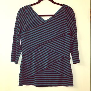 Vince Camuto Blue & Black Striped Faux Wrap Shirt