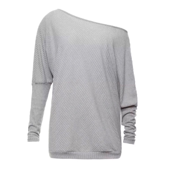Gray Ribbed Off Shoulder Sweater Top - Picture 2 of 3