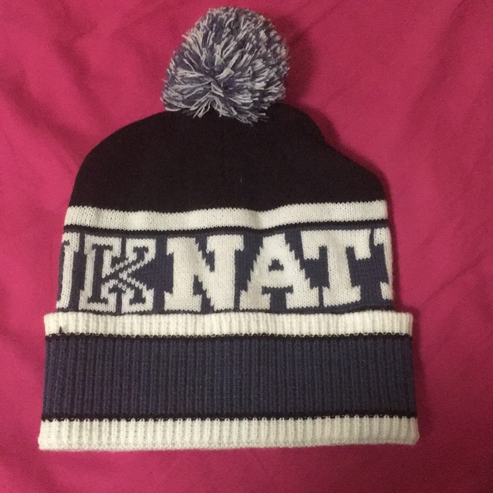 Pink Nation pom pom hat in blue. NWOT.