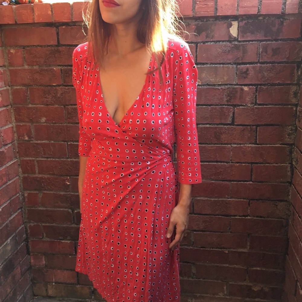 Red Polka Dot 3/4 Sleeve Wrap Around Dress