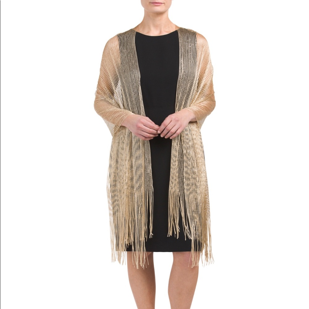 NEW• Sugared + Bronzed Elegant Gold Shimmer Fringe Shawl• OS-2X