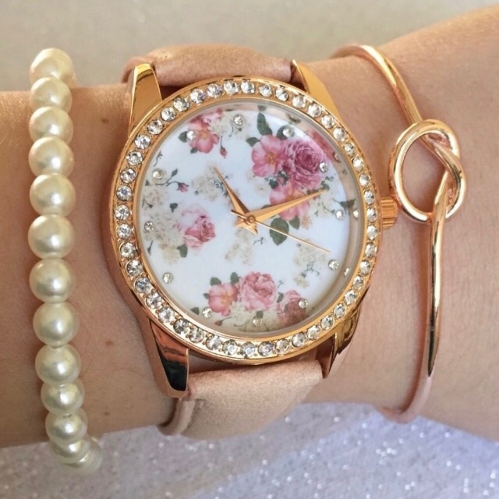 NWOT Rose Gold Rhinestone Floral Watch