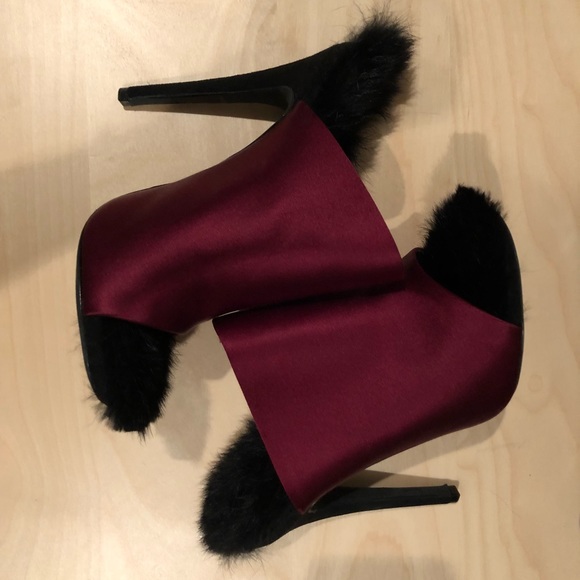Celine Wine Rabbit Fur Lined Mules - Picture 2 of 5