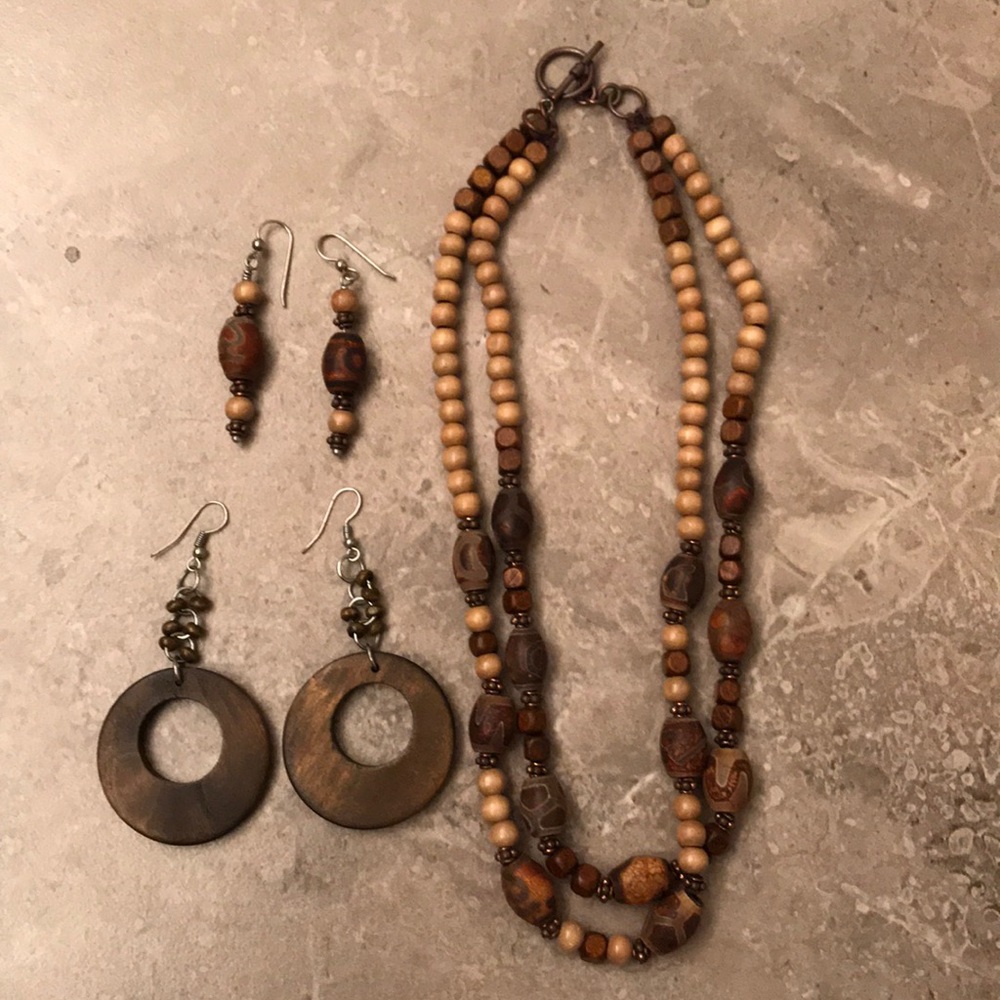 Handmade Wood Beaded Necklace & Earring Set