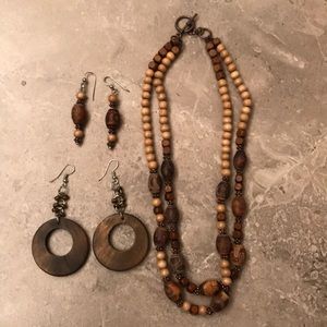 Handmade Wood Beaded Necklace & Earring Set