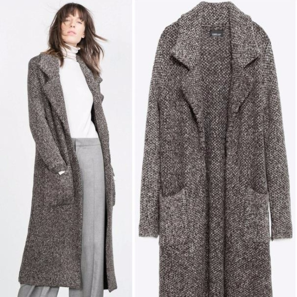 Zara Gray Knit Waterfall Wrap Wool Coat