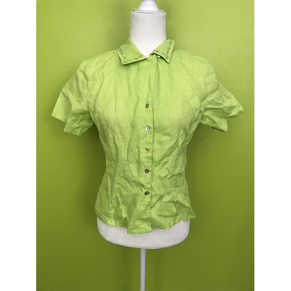 Edward Embroidered Collar Apple Green Linen Top M