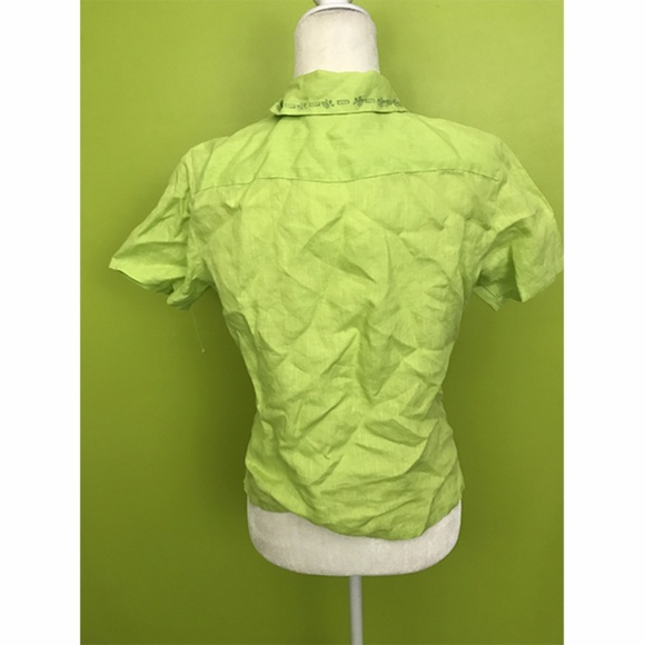 Edward Embroidered Collar Apple Green Linen Top M - Picture 2 of 8